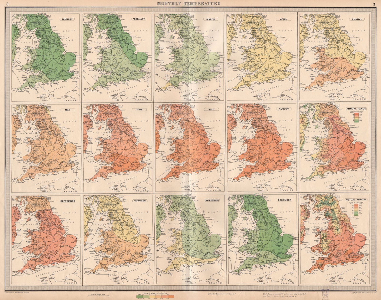 GREAT BRITAIN. England and Wales. Monthly & annual Temperatures. LARGE 1939 map